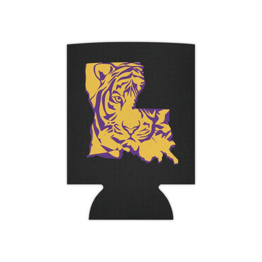 Black can cooler featuring a Purple Gold Tiger design inside the Louisiana state outline, made of durable polyester