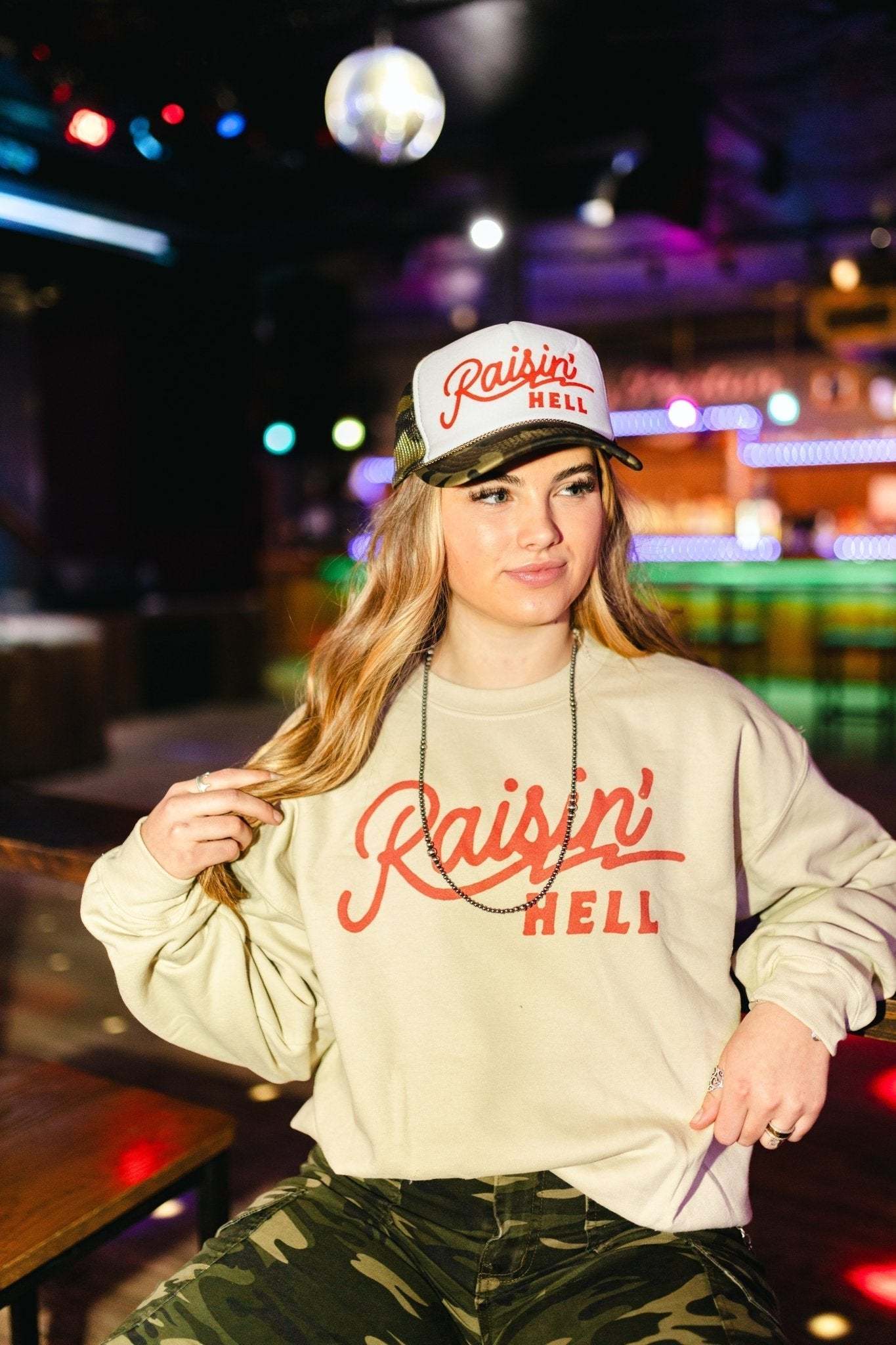 Raisin' Hell Graphic Sweatshirt made in USA unisex 50/50 cotton poly blend printed on Gildan