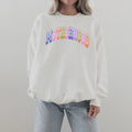 Retro Motherhood Sweatshirt in white with colorful pastel collegiate lettering and a relaxed crewneck fit