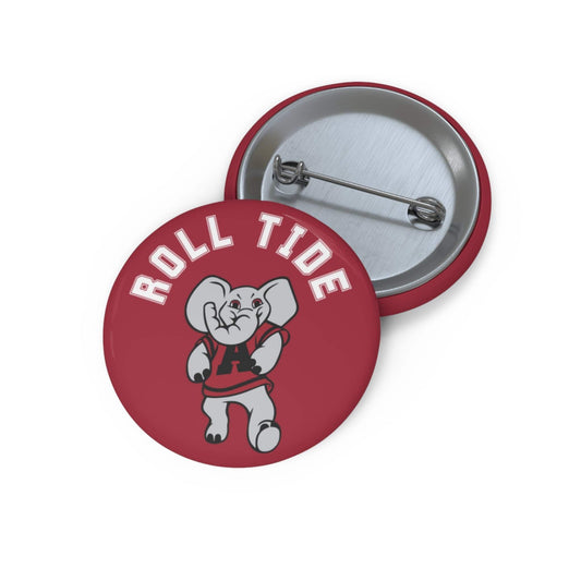 Roll Tide Elephant Pin button with glossy crimson face, white lettering, elephant mascot and steel safety-pin backing