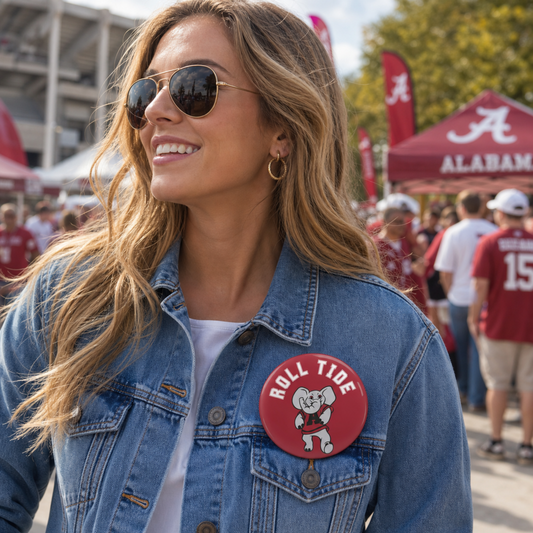 Roll Tide Elephant Pin red glossy button featuring a white elephant graphic and bold white lettering on denim