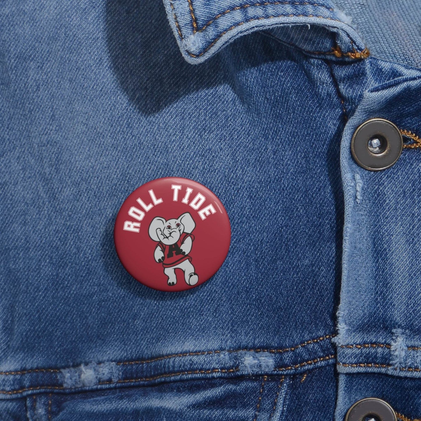 Roll Tide Elephant Pin button with a glossy red metal face, white elephant mascot, and bold white lettering