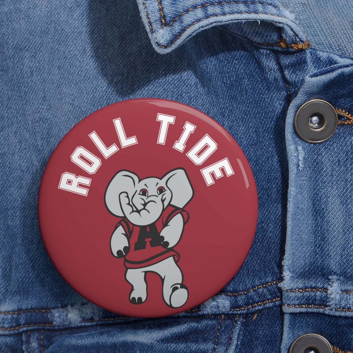 Roll Tide Elephant Pin button with glossy red metal face, white lettering, and gray elephant mascot in crimson jersey