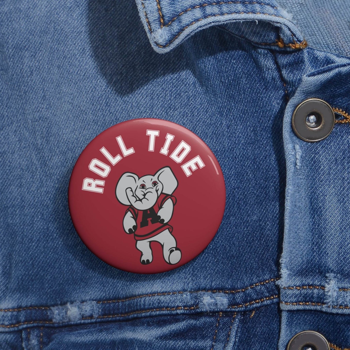 Roll Tide Elephant Pin button with red glossy metal face, white elephant mascot, and bold white lettering