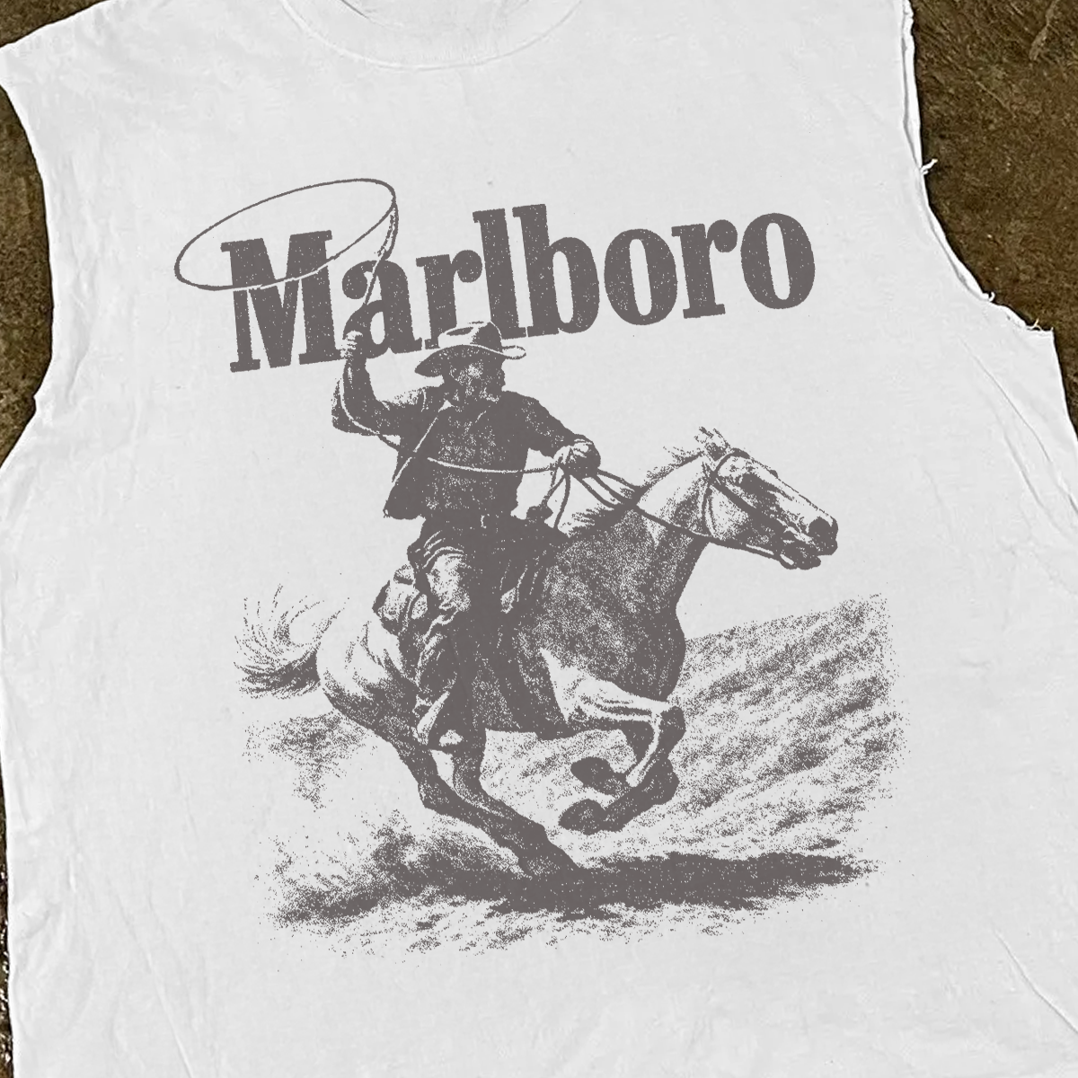 Rugged Man Cut Off Tee in white cotton with raw armholes and a vintage Marlboro cowboy graphic print