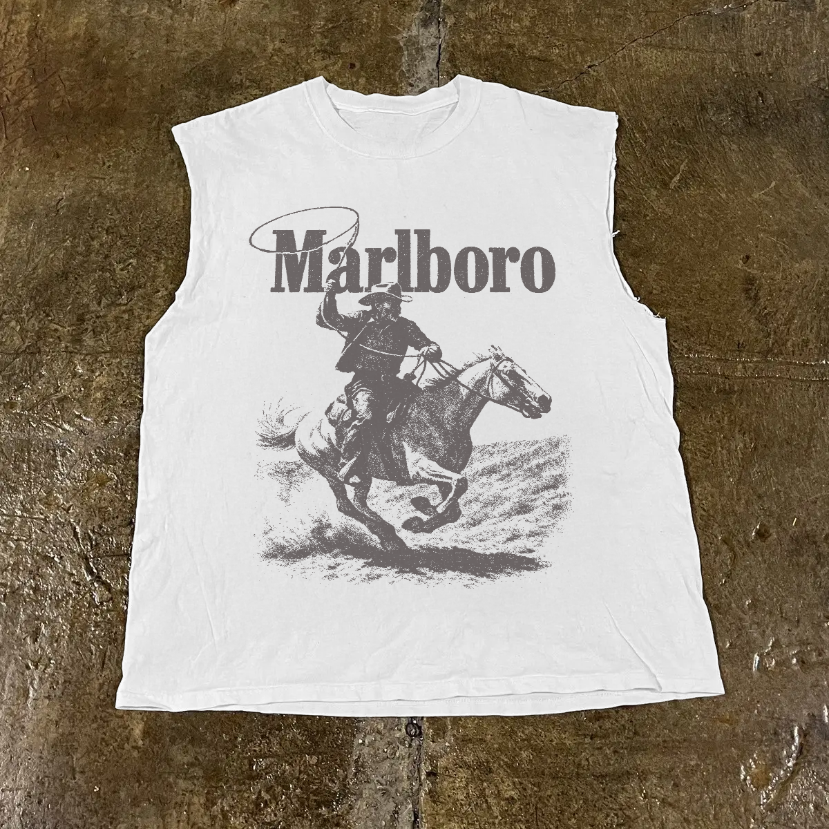 Rugged Man Cut Off Tee in vintage white cotton with raw armholes and a gray Marlboro cowboy graphicprint