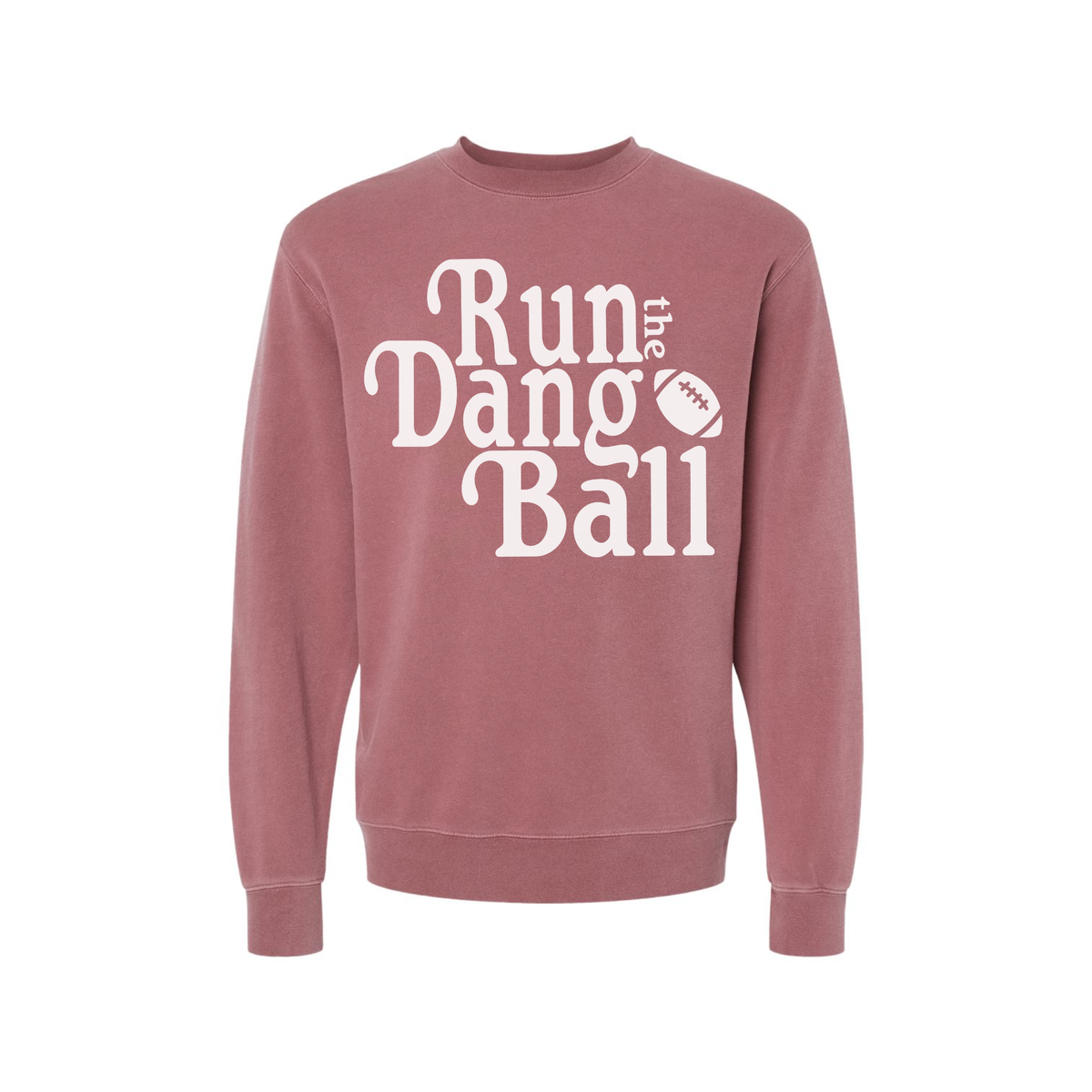 Run the Dang Ball football sweatshirt in dusty rose cotton blend with bold cream graphic and ribbed cuffs