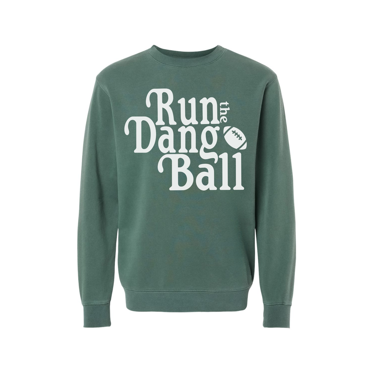 Run the Dang Ball football sweatshirt in muted green cotton blend with bold cream retro lettering and football graphic