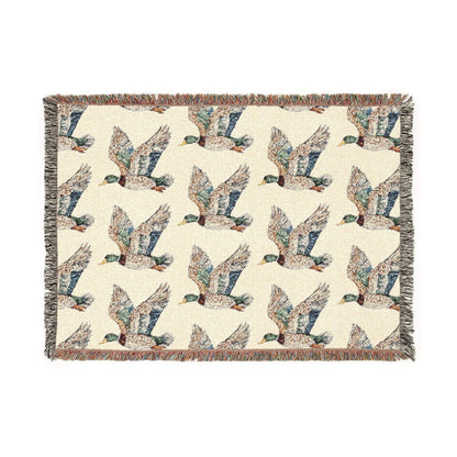 Rustic Cabin Throw cotton woven blanket with flying mallard duck pattern, multicolored fringed edges and textured weave