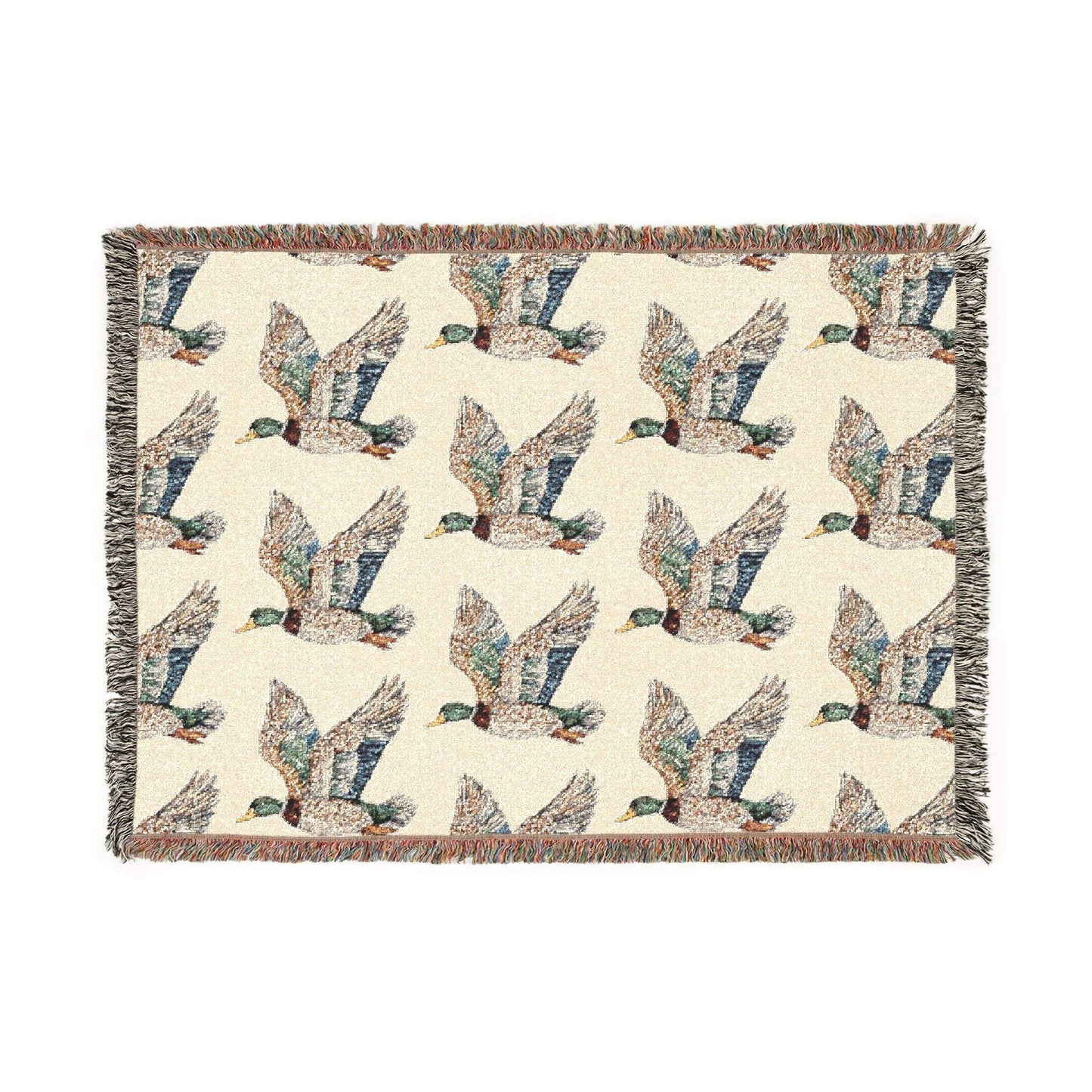 Rustic Cabin Throw cotton woven blanket with flying mallard duck pattern, multicolored fringed edges and textured weave