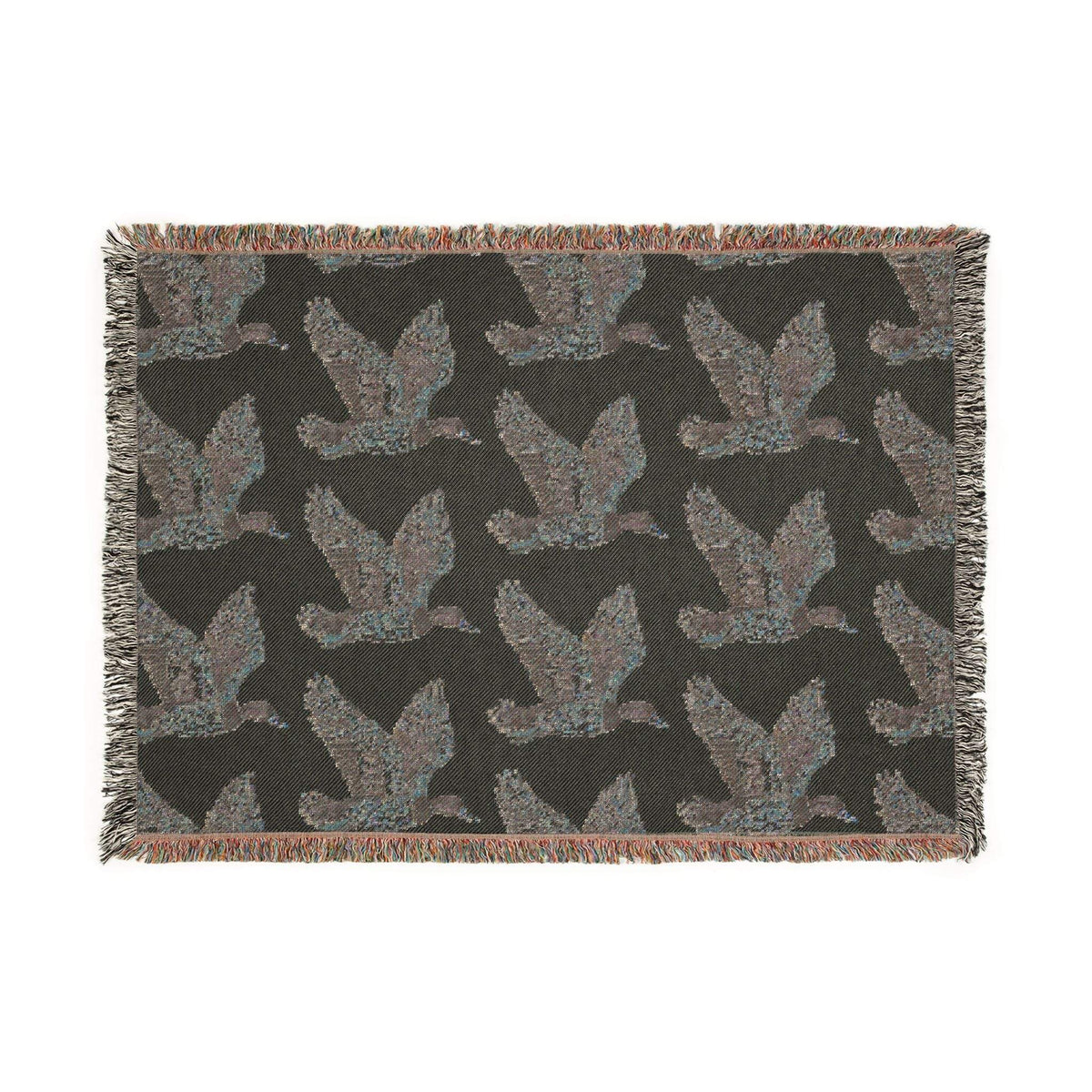 Rustic Cabin Throw woven cotton blanket with flying mallard duck pattern in muted earthy tones and fringed edges