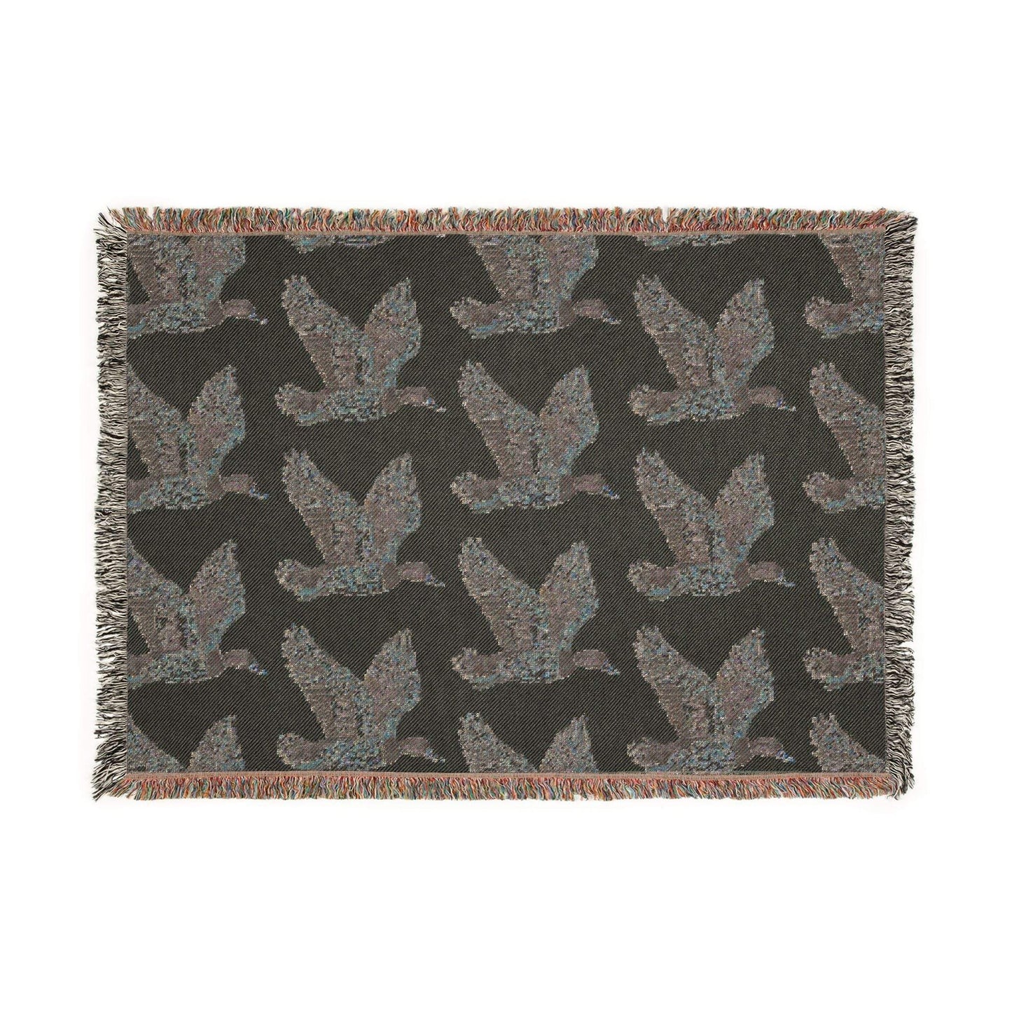 Rustic Cabin Throw woven cotton blanket with flying mallard duck pattern in muted earthy tones and fringed edges