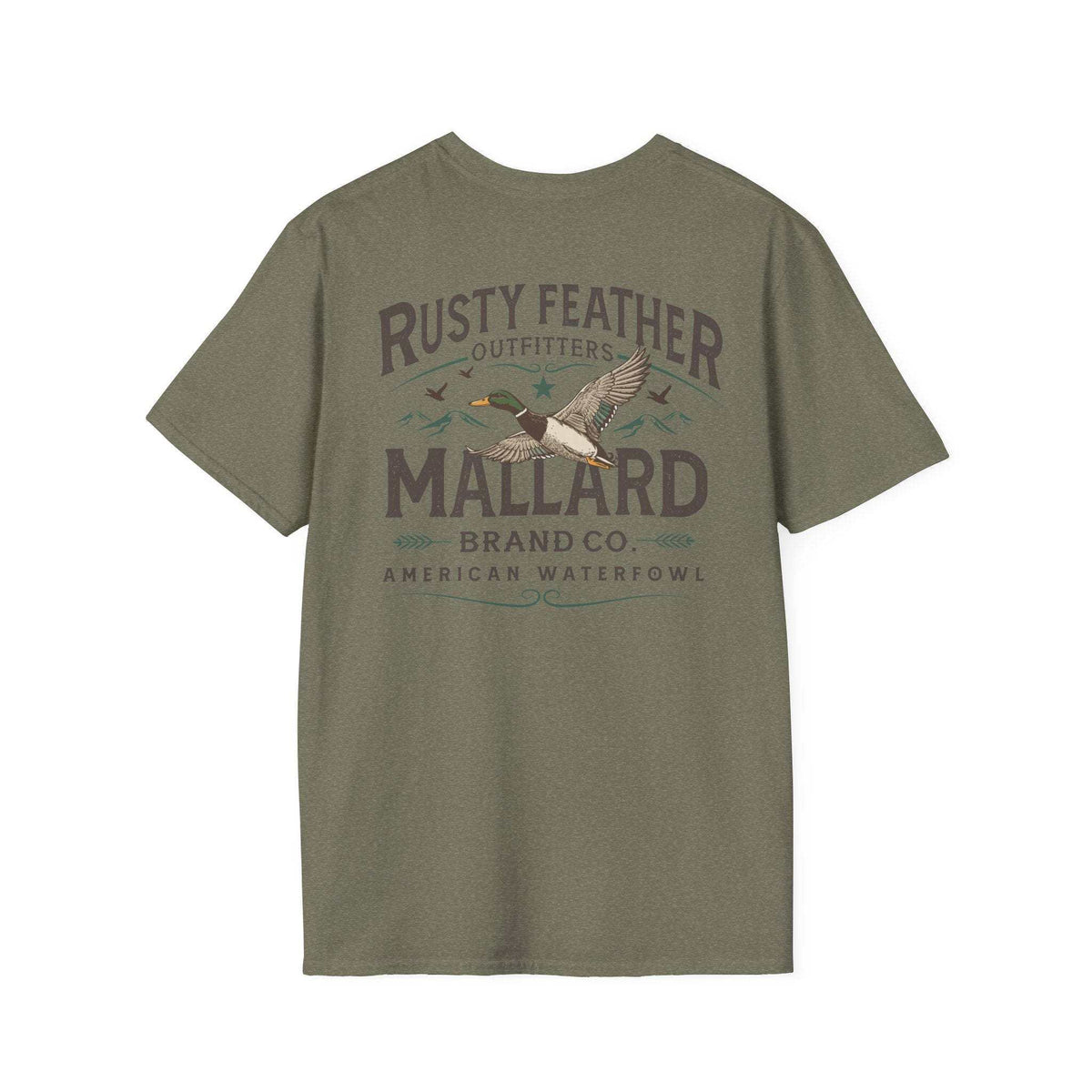 Rusty Feather logo t-shirt front and back with American Waterfowl graphic