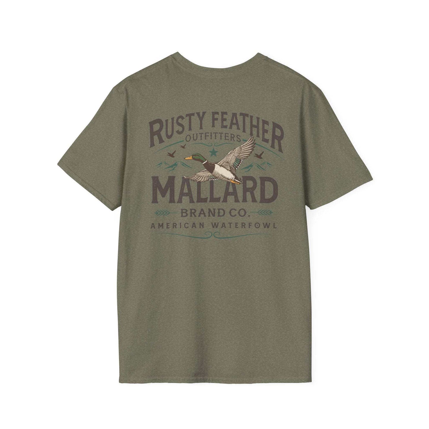 Rusty Feather logo t-shirt front and back with American Waterfowl graphic