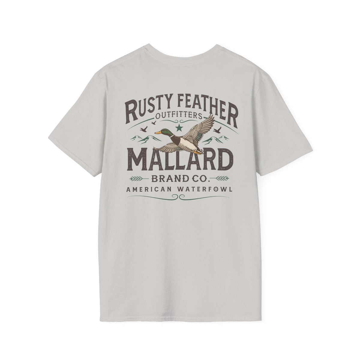 Rusty Feather logo t-shirt front and back with American Waterfowl graphic