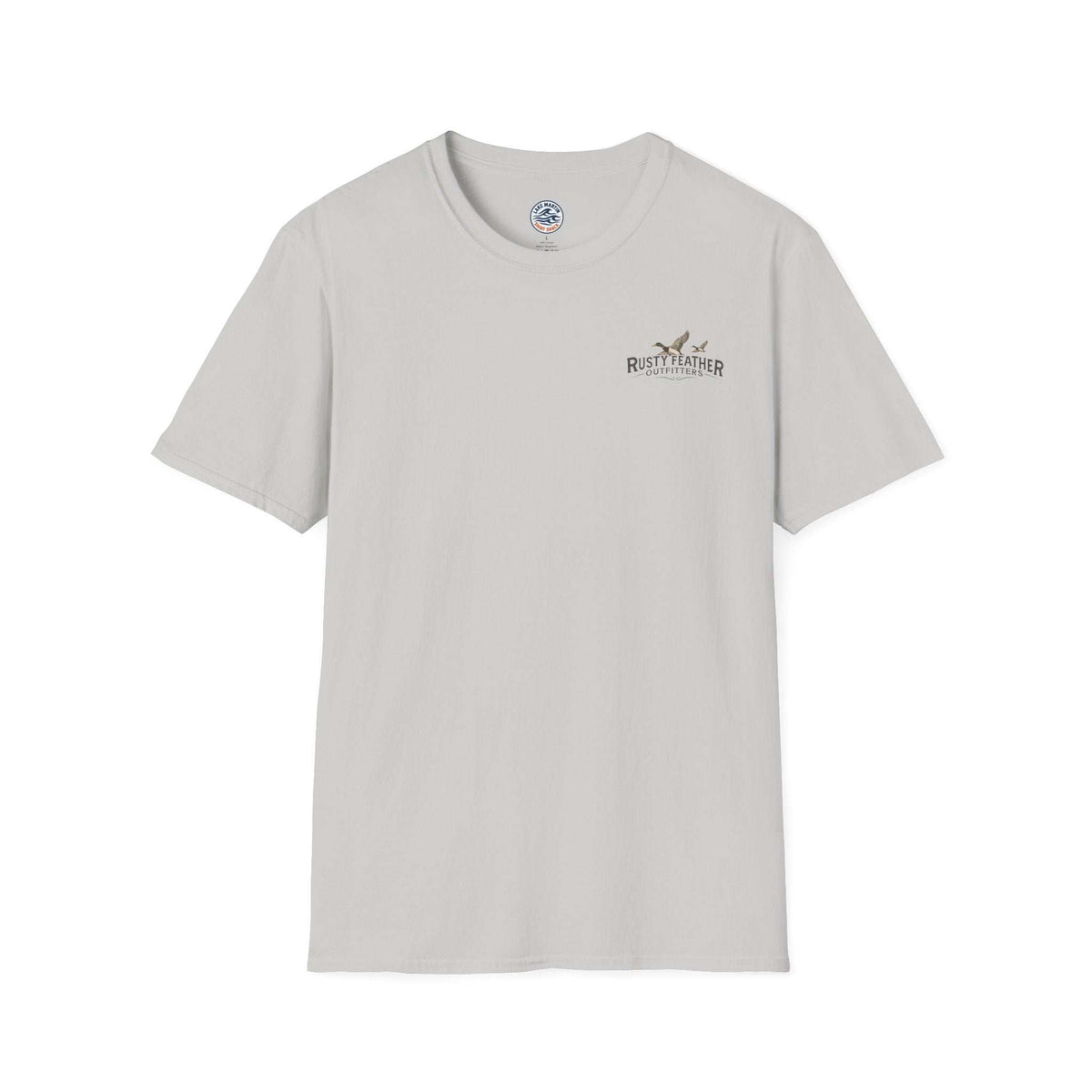 Rusty Feather logo T-Shirt with small chest logo and large American Waterfowl graphic on back