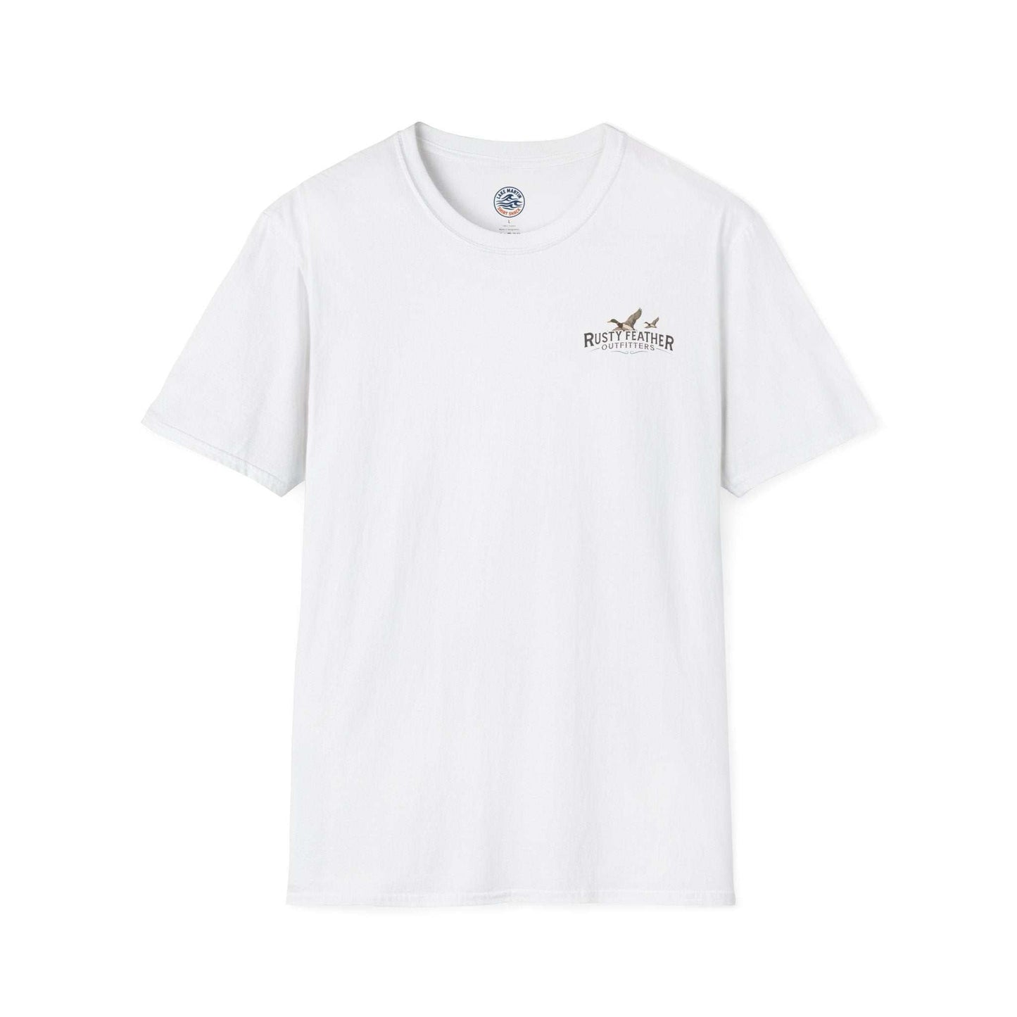 Rusty Feather logo t-shirt front and back with American Waterfowl graphic
