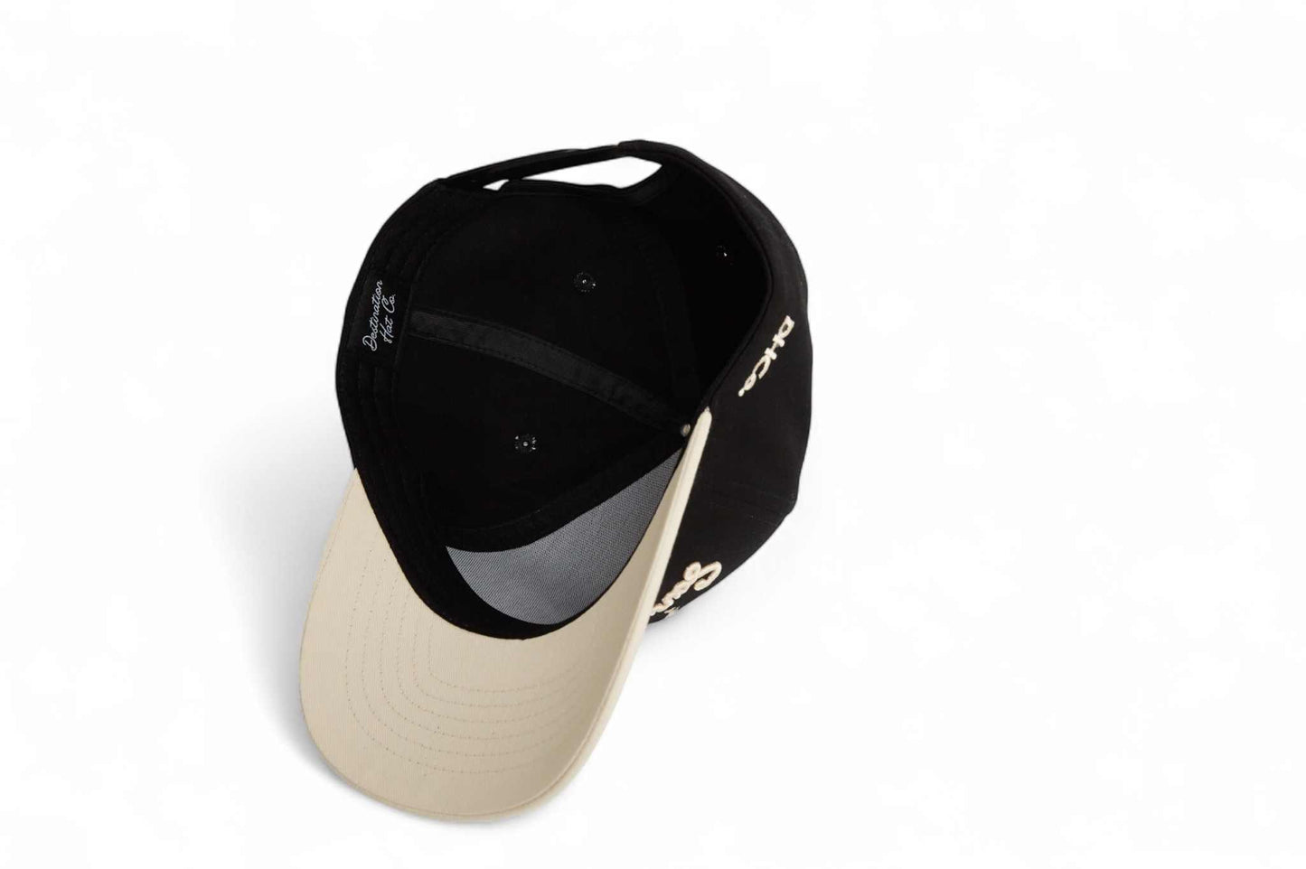 San Antonio Script Hat in black and beige cotton with curved brim and embroidered script details