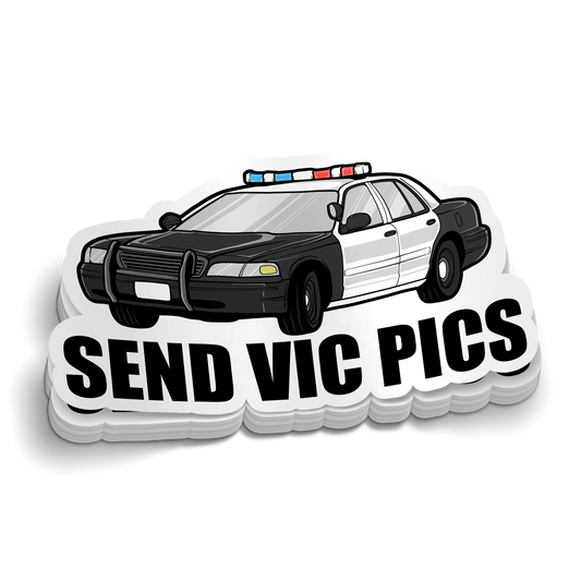 Send Vic Pics funny police sticker on durable vinyl for tumblers and laptops