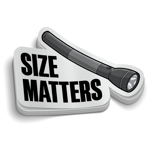 Sizes Matters Funny Police Sticker 2.8-inch durable vinyl decal for laptops and helmets