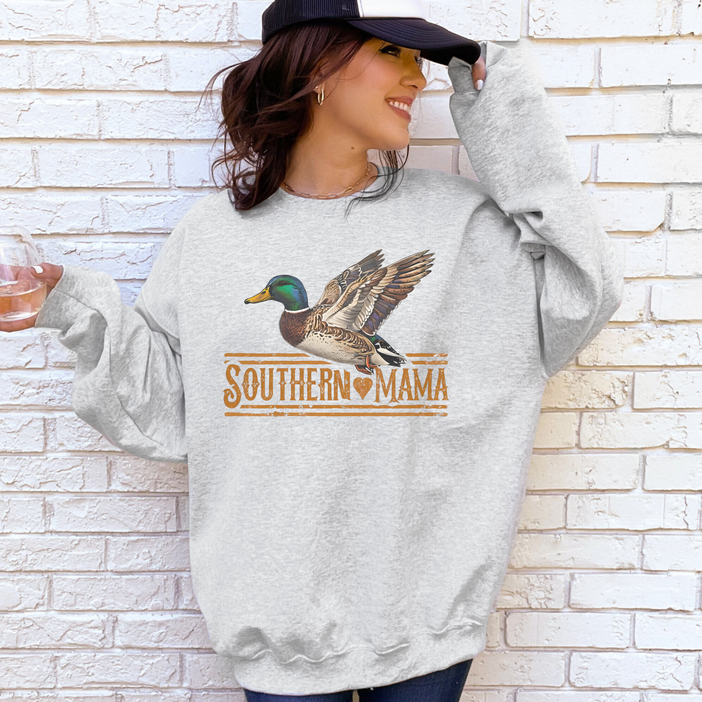 Southern Mama Duck gray crewneck sweatshirt with a mallard duck graphic and vintage Southern Mama lettering