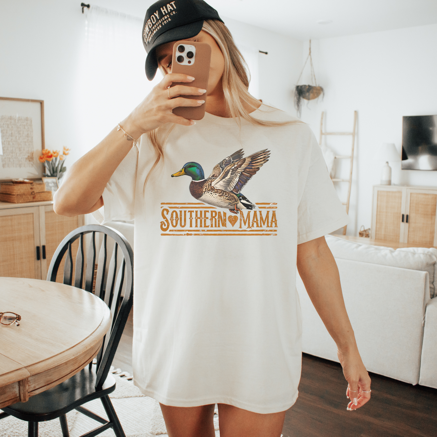 Southern Mama Duck T Shirt in white cotton, featuring a colorful flying duck and vintage Southern Mama graphic
