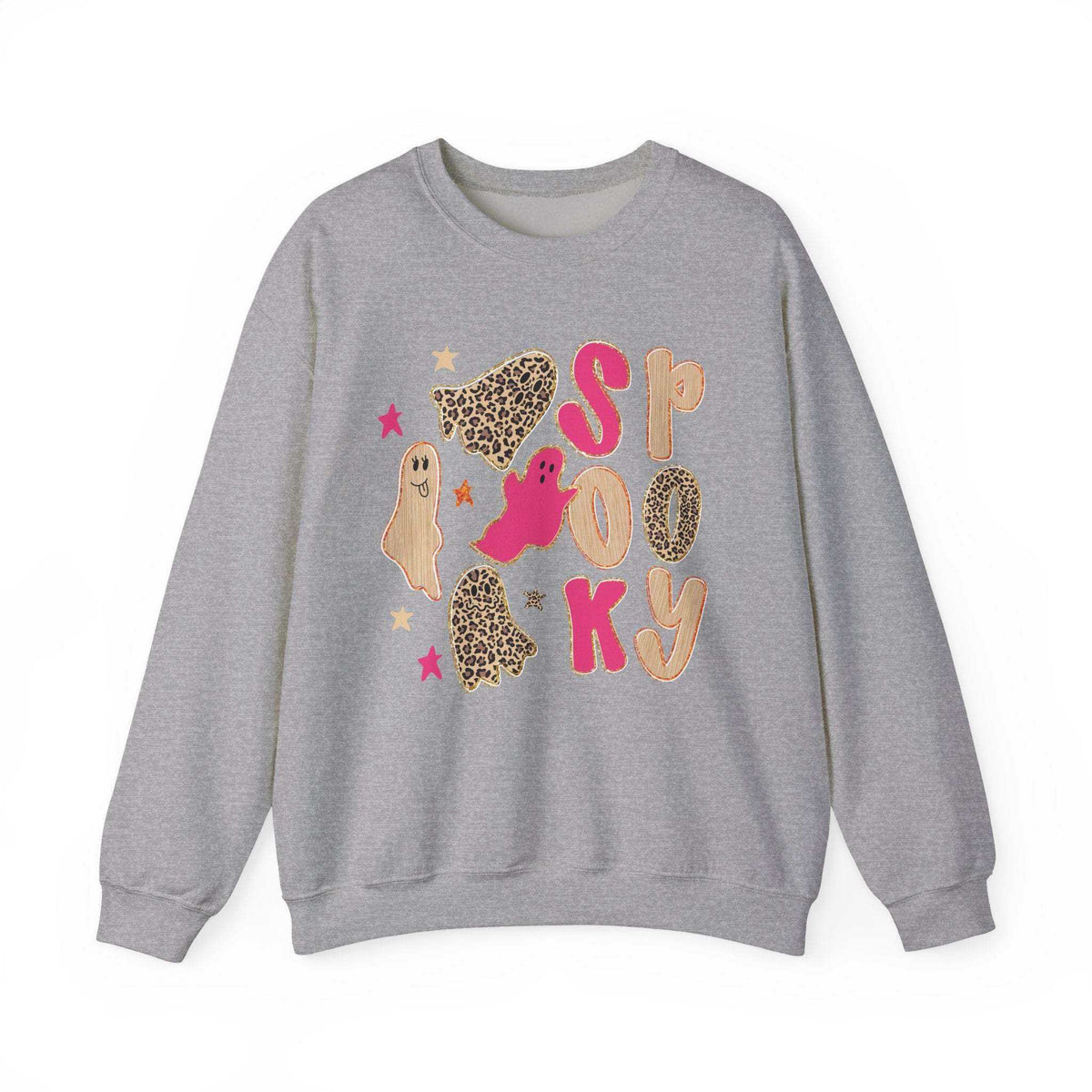 Cute pink Halloween crewneck sweatshirt with spooky leopard ghost design