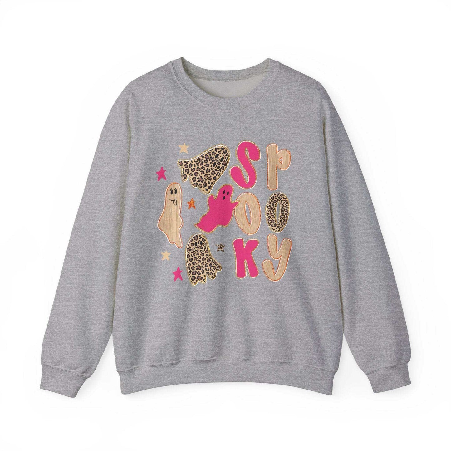 Cute pink Halloween crewneck sweatshirt with spooky leopard ghost design