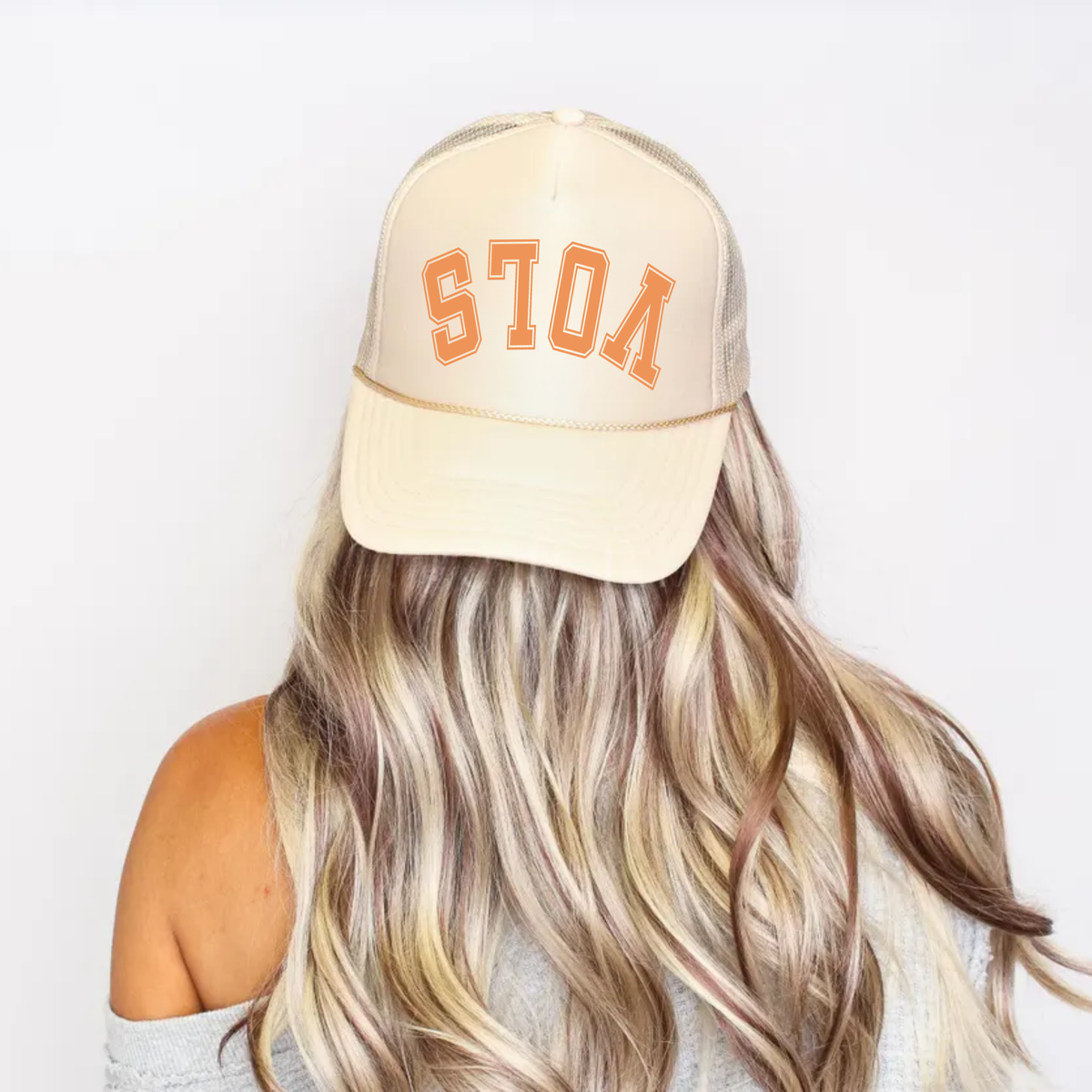 Sports Team Hat in cream foam-front trucker style with orange upside-down VOLS lettering and mesh back