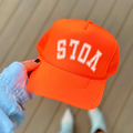 Sports Team Hat in bright orange foam-front style with white upside-down VOLS lettering and curved brim