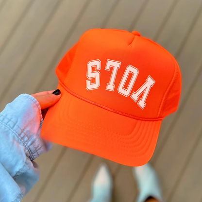 Sports Team Hat in bright orange foam-front style with white upside-down VOLS lettering and curved brim
