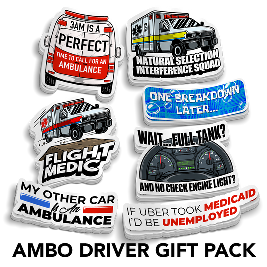 Sticker Gift Packs featuring seven ambulance driver vinyl stickers with emergency vehicles and humorous phrases