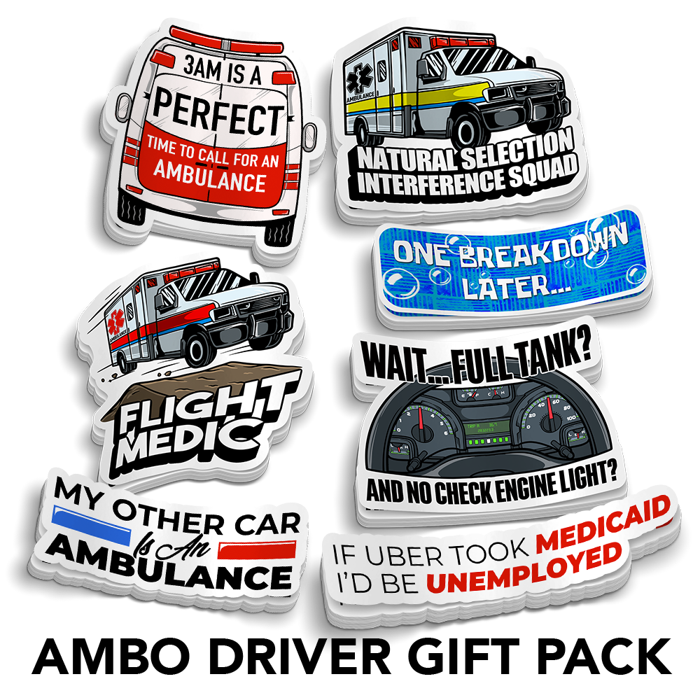 Sticker Gift Packs featuring seven ambulance driver vinyl stickers with emergency vehicles and humorous phrases