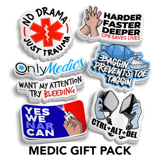 Sticker Gift Packs, a set of seven colorful vinyl medical and EMT-themed stickers with humorous slogans and graphics