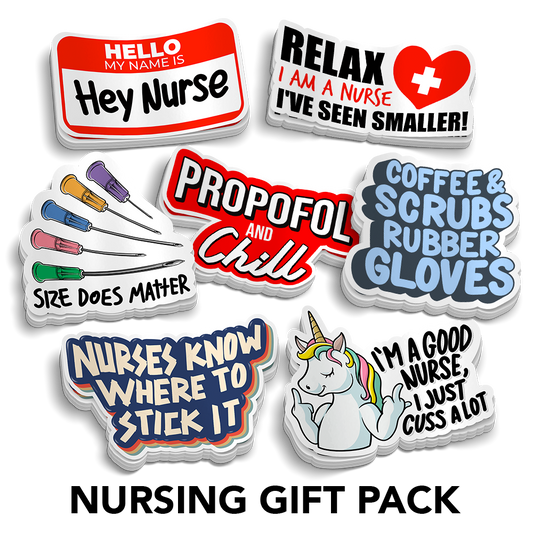 Sticker Gift Packs featuring seven colourful nursing-themed vinyl stickers with humorous medical designs and text