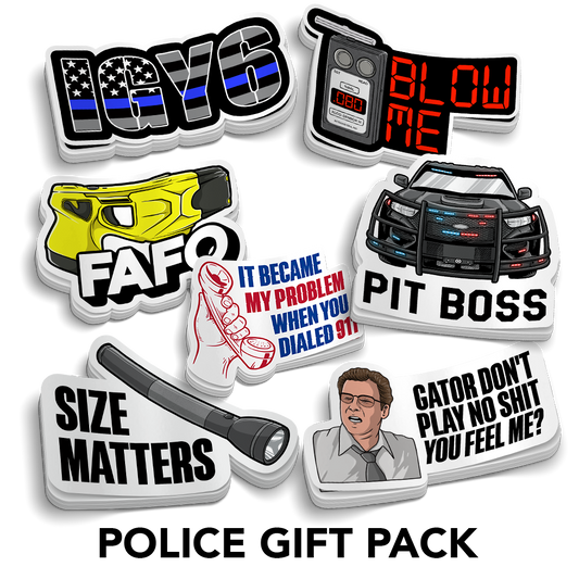 Sticker Gift Packs featuring seven colourful police-themed vinyl stickers with humorous slogans and emergency graphics