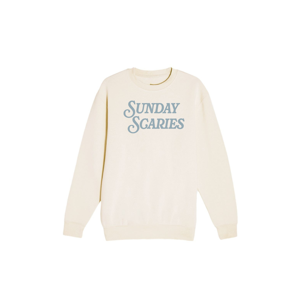 Sunday Scaries Crewneck Sweatshirt in cream fleece with blue vintage lettering and ribbed cuffs