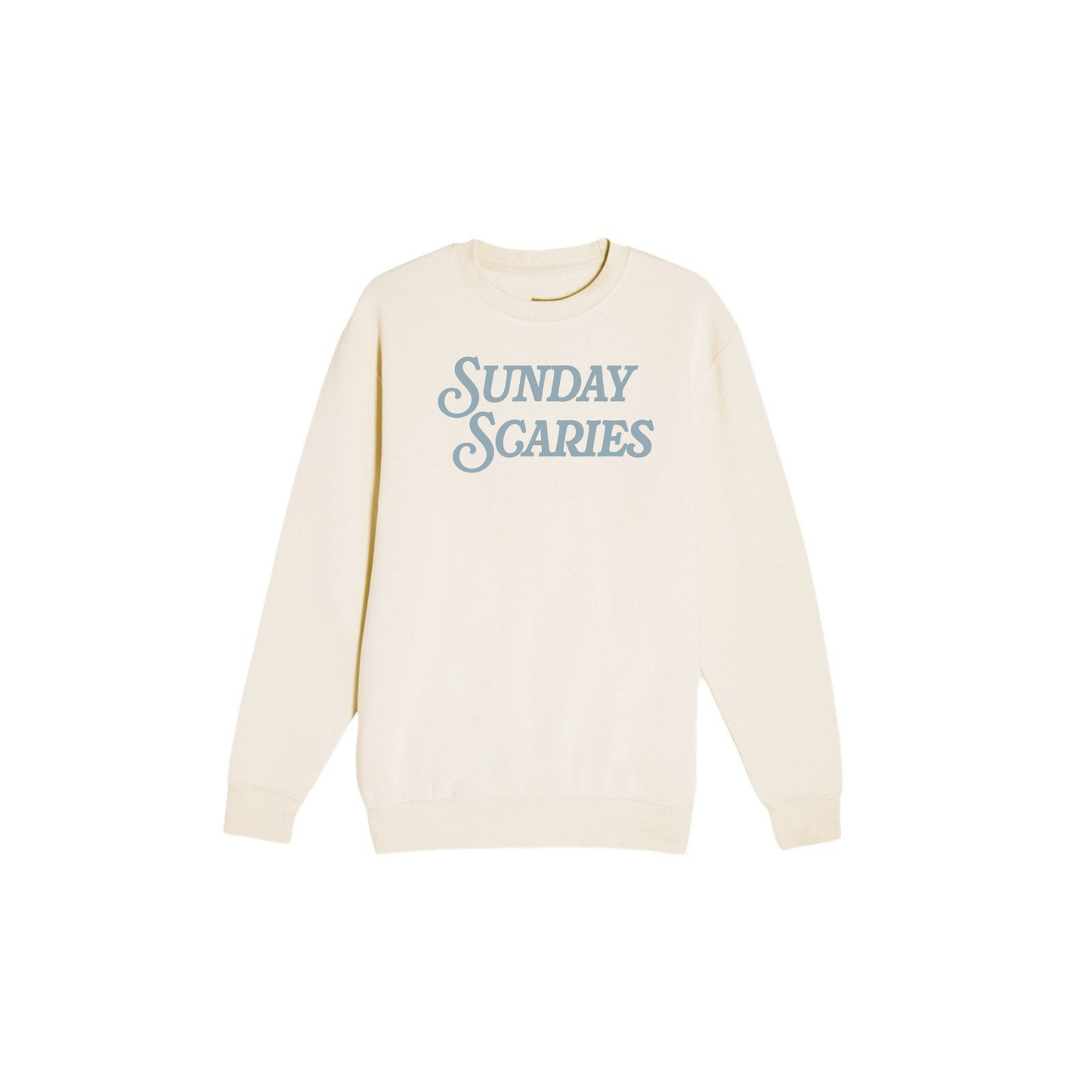 Sunday Scaries Crewneck Sweatshirt in cream fleece with blue vintage lettering and ribbed cuffs