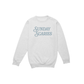 Sunday Scaries Crewneck Sweatshirt in light gray fleece with blue vintage-style chest lettering and ribbed cuffs