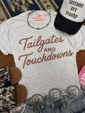 Unisex Tailgates and Touchdowns graphic tee made of 50/50 cotton-poly blend printed on Jerzees in the USA