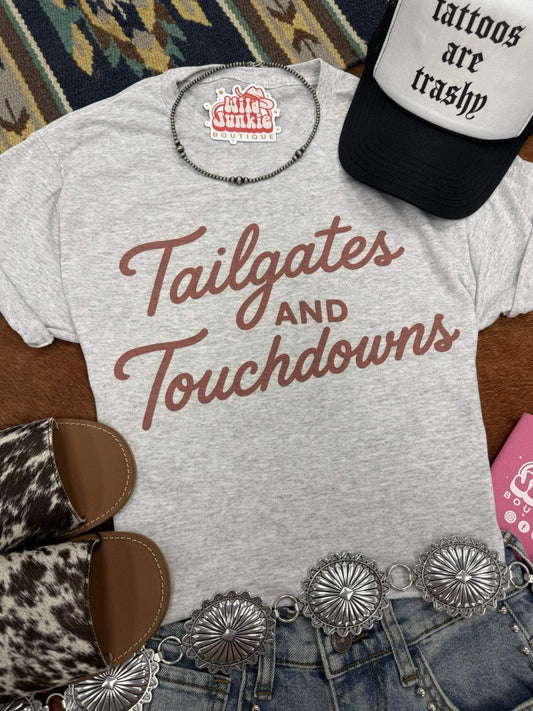 Unisex Tailgates and Touchdowns graphic tee made of 50/50 cotton-poly blend printed on Jerzees in the USA