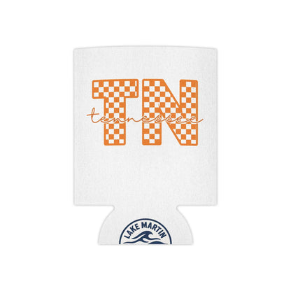 Tennessee Checker TN Can Cooler with orange checkerboard TN letters, handwritten tennessee script, and blue lake emblem on white foam material