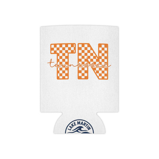 Tennessee Checker TN Can Cooler with orange checkerboard TN letters, handwritten tennessee script, and blue lake emblem on white foam material