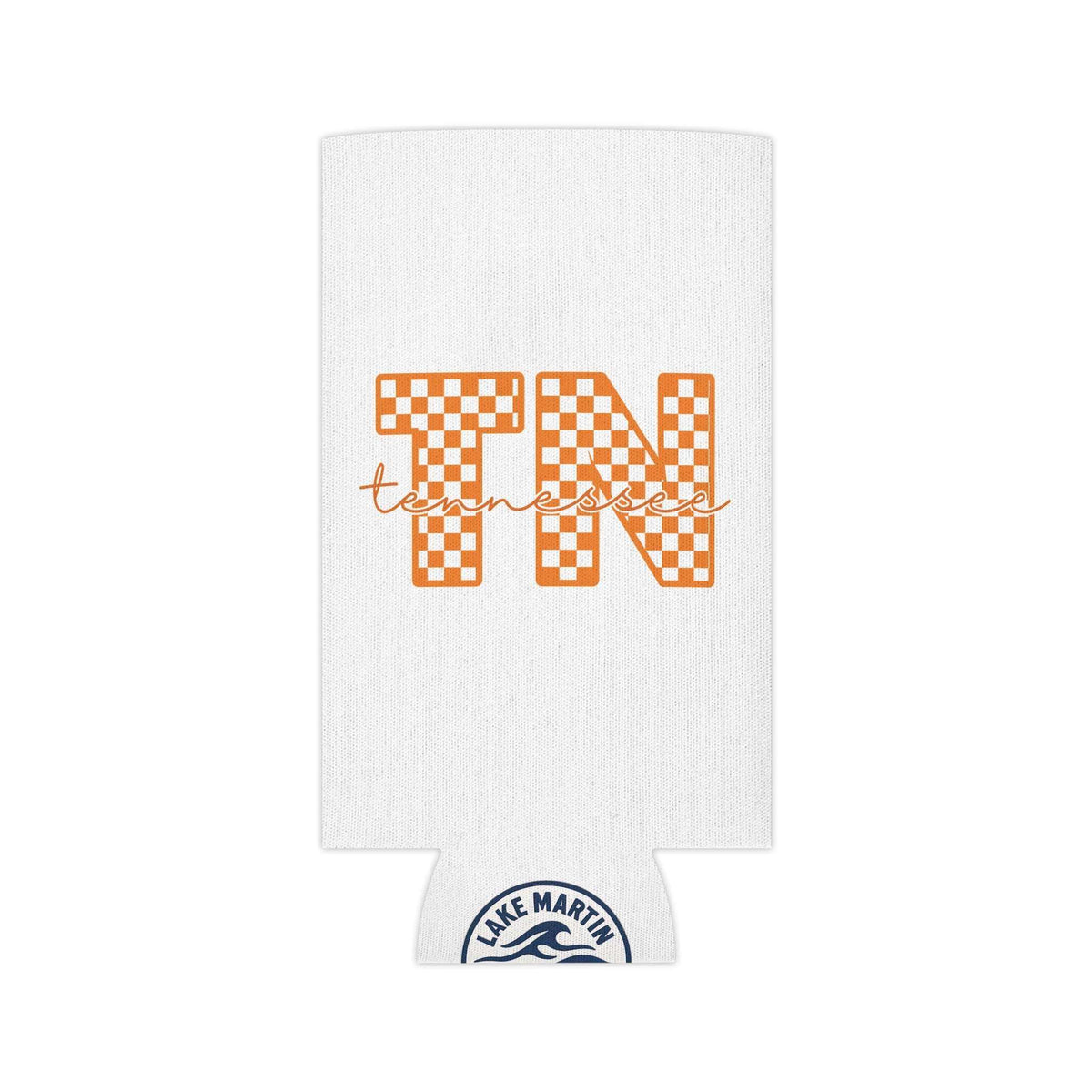 Tennessee Checker TN Can Cooler with orange checkerboard TN letters, handwritten tennessee script, and lake emblem on white polyester