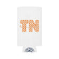 Tennessee Checker TN Can Cooler with orange checkerboard TN letters, handwritten tennessee script, and lake emblem on white polyester