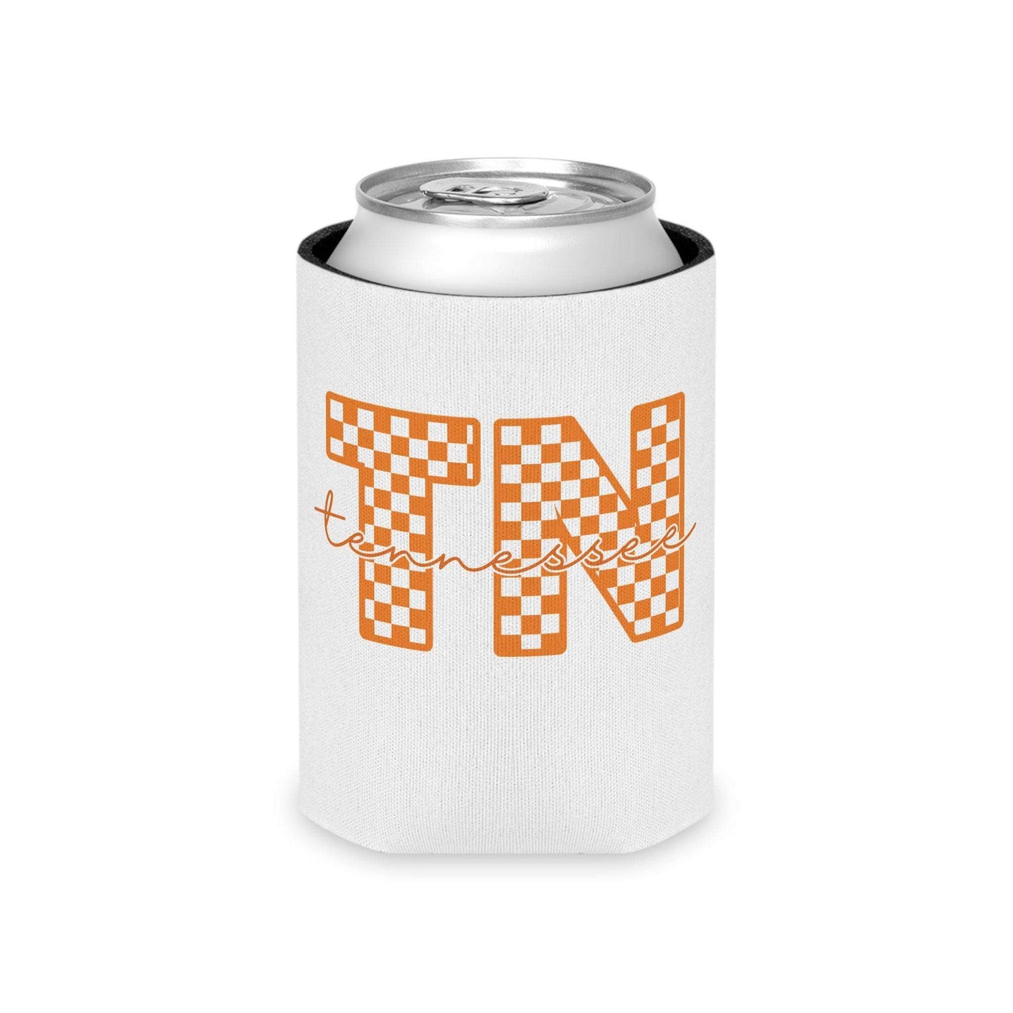 Tennessee Checker TN Can Cooler with orange checkerboard letters and handwritten script on a white foam sleeve