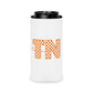 Tennessee Checker TN Can Cooler with white polyester exterior and orange checkerboard TN letters accented by casual handwritten script