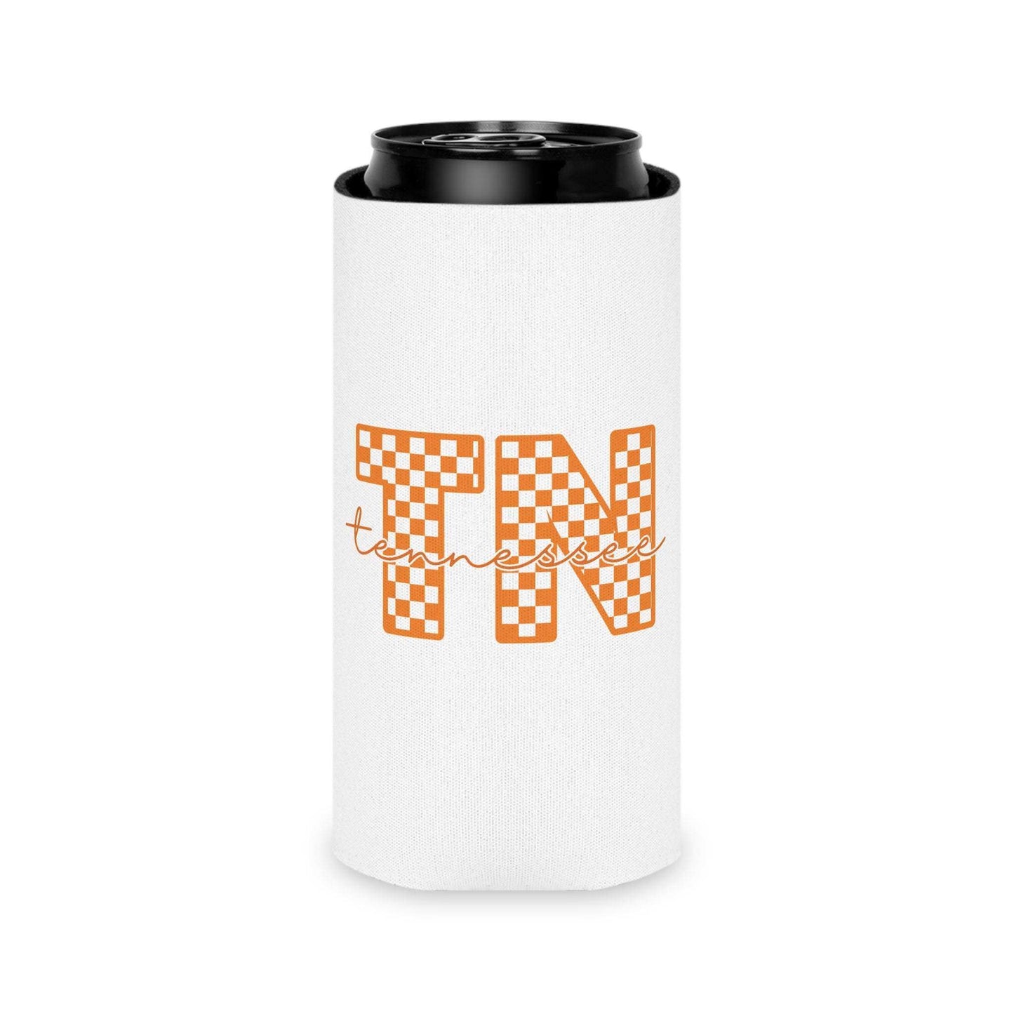 Tennessee Checker TN Can Cooler with white polyester exterior and orange checkerboard TN letters accented by casual handwritten script