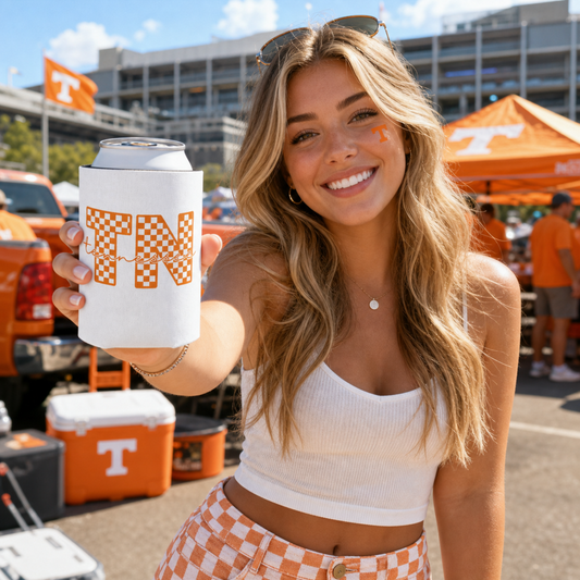 Tennessee Checker TN Can Cooler in white with orange checkerboard TN letters held by woman wearing orange themed outfit and face paint