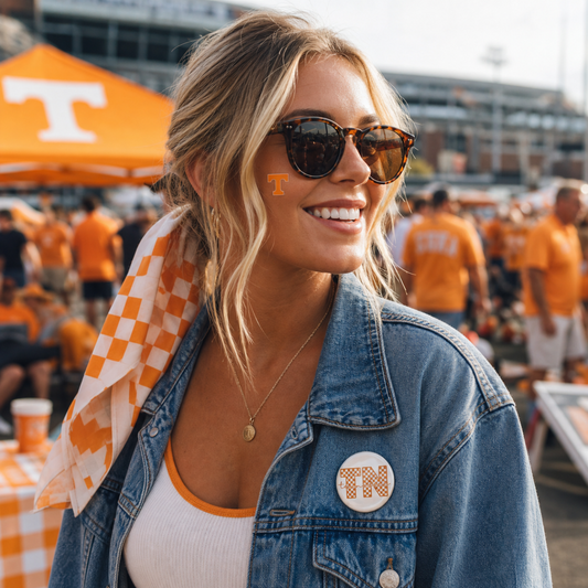 Glossy metal Tennessee TN Checkerboard pin button with orange and white check pattern, worn on denim jacket by smiling woman